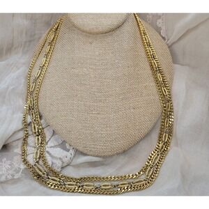 Vintage 1960s Monet‎ Necklace Triple Strand Chain Layered Gold Plated